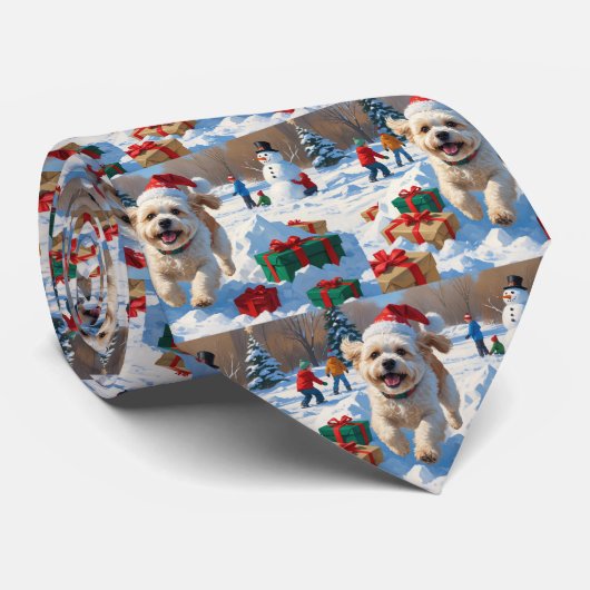 Bichon Frise Kerstmis Festieve Sneeuw Scene Stropdas (Opgerold)