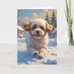 Bichon Frise Kerstmis Sneeuw Scene Schilderij Kaart