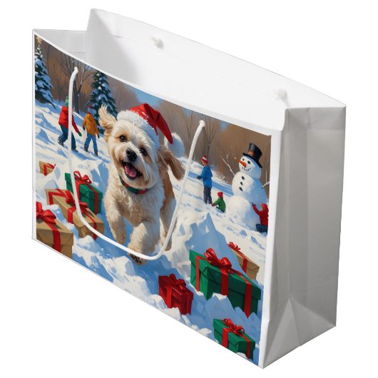Bichon Frise Kerstmis Sneeuwlandschap Groot Cadeauzakje (Voorkant Gekanteld)