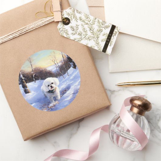 Bichon Frise Laat het Sneeuwen Kerstmis Ronde Sticker (Geschenken)