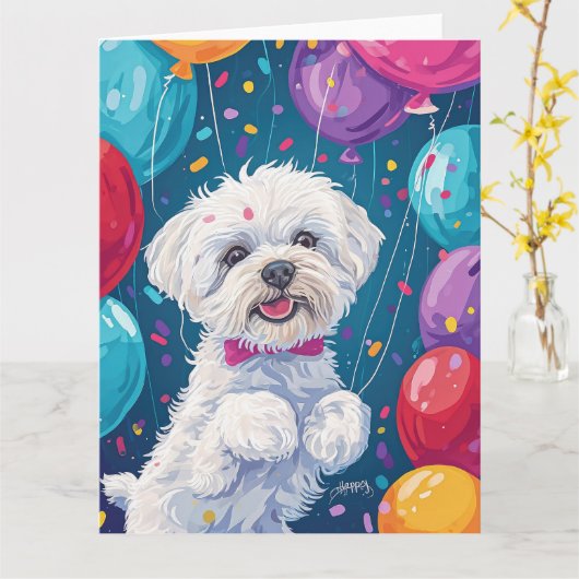 Bichon Frise met Ballonnen Kaart (Gele Bloem)