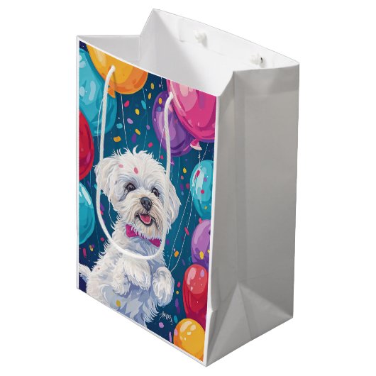 Bichon Frise met ballonnen Medium Cadeauzakje (Voorkant Gekanteld)