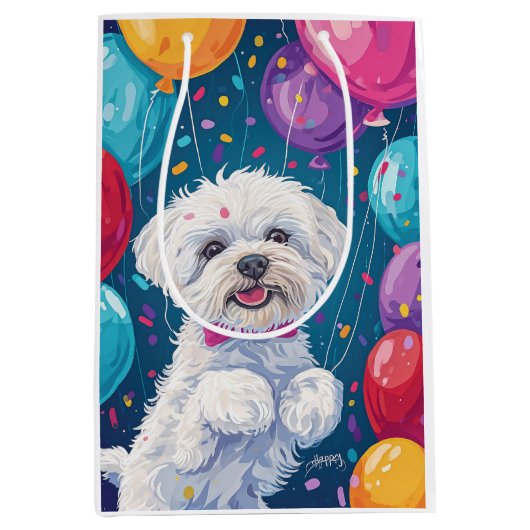Bichon Frise met ballonnen Medium Cadeauzakje (Voorkant)