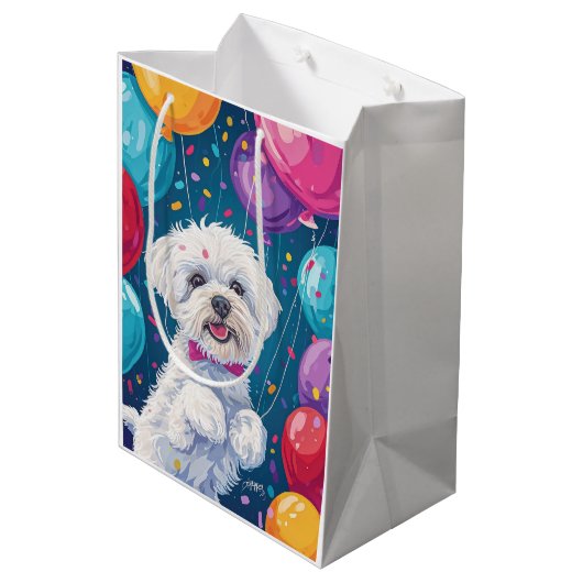 Bichon Frise met ballonnen Medium Cadeauzakje (Achterkant Gekanteld)