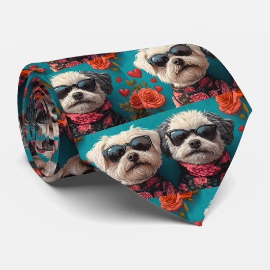 Bichon Frise Met Hart Rozen Valentijnsdag Stropdas (Opgerold)