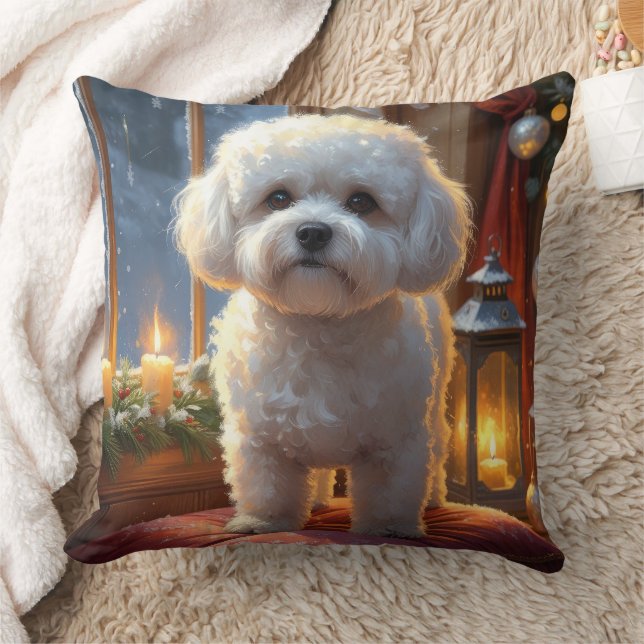 Bichon Frise met kerstlichtjes vakantie Kussen (Deken)