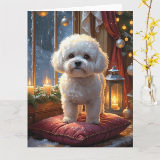 Bichon Frise met kerstverlichting Vakantie Kaart (Gele Bloem)