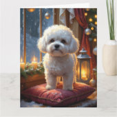 Bichon Frise met kerstverlichting Vakantie Kaart (Voorkant)