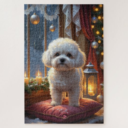 Bichon Frise met kerstverlichting Vakantie Legpuzzel (Verticaal)