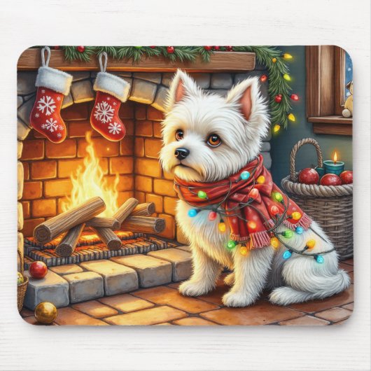 Bichon Frise Open haard met Kerstverlichting Muismat (Voorkant)