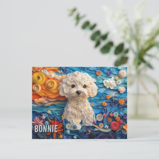 Bichon Frise Paper Quilling Art Dog Portrait Briefkaart (Staand voorkant)