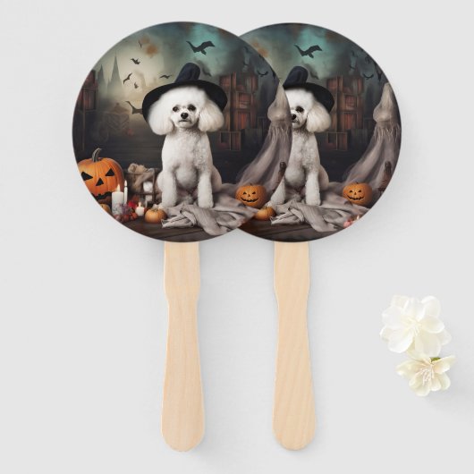 Bichon Frise pompoenen Halloween Scary Handwaaier (Voorkant en achterkant)