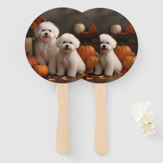 Bichon Frise Puppy Herfst Delight Pompoen Handwaaier (Voorkant en achterkant)