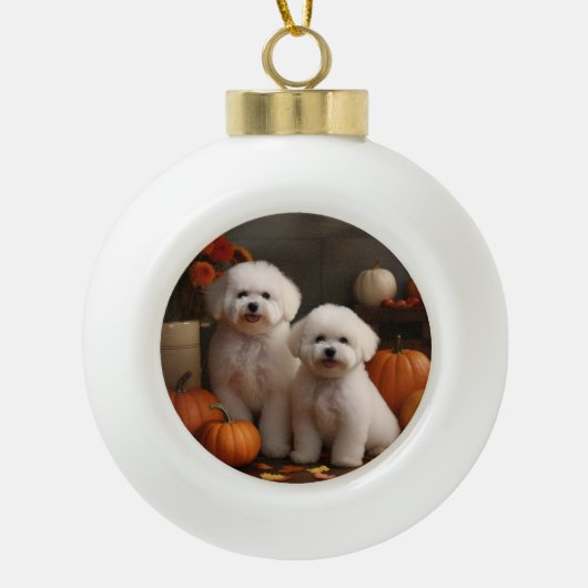 Bichon Frise Puppy Herfst Delight Pompoen Keramische Bal Ornament (Voorkant)
