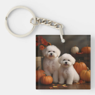 Bichon Frise Puppy Herfst Genot Pompoen Sleutelhanger
