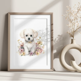 Bichon Frise Puppy Pet Waterverf Flower Poster