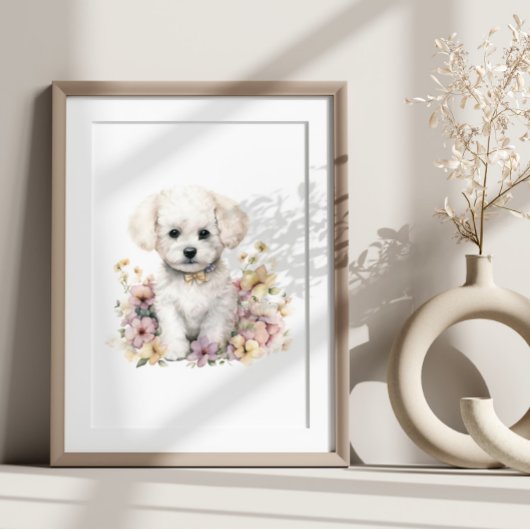 Bichon Frise Puppy Pet Waterverf Flower Poster