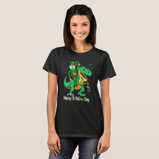 Bichon Frise Riding Dinosaur Patricks Day Shamrock T-shirt (Voorkant volledig)