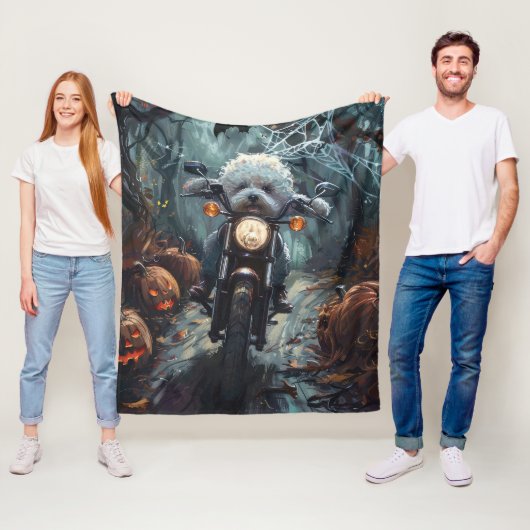 Bichon Frise Rijden Motorfiets Halloween Scary Fleece Deken (In situ)