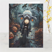 Bichon Frise Rijden Motorfiets Halloween Scary Kaart (Gele Bloem)