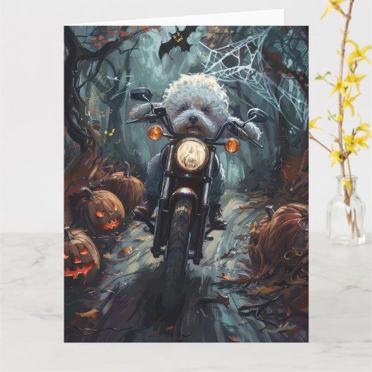 Bichon Frise Rijden Motorfiets Halloween Scary Kaart (Gele Bloem)