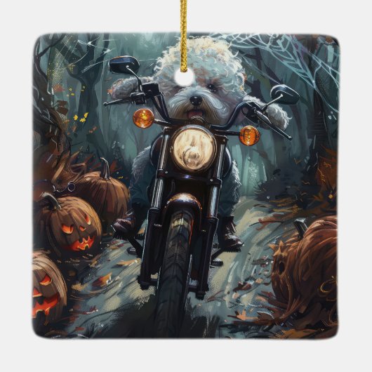 Bichon Frise Rijden Motorfiets Halloween Scary Keramisch Ornament (Achterkant)