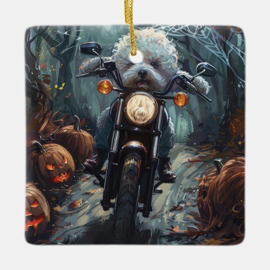 Bichon Frise Rijden Motorfiets Halloween Scary Keramisch Ornament (Voorkant)