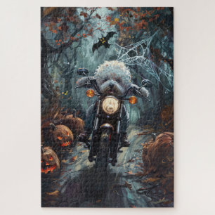 Bichon Frise rijdt op motorfiets Halloween griezel Legpuzzel