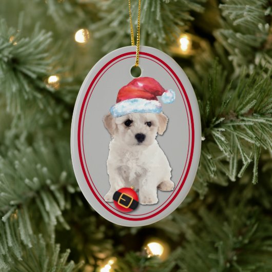 Bichon Frise Santa Hat kerstversiering Keramisch Ornament (Boom)