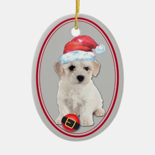 Bichon Frise Santa Hat kerstversiering Keramisch Ornament (Voorkant)