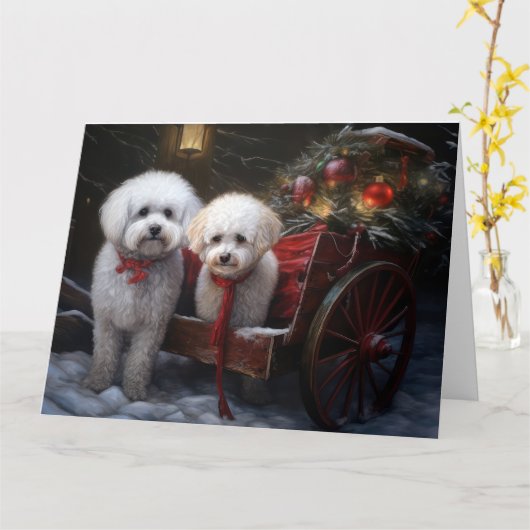 Bichon Frise Snowy Sleigh Kerst Decor Kaart (Gele Bloem)