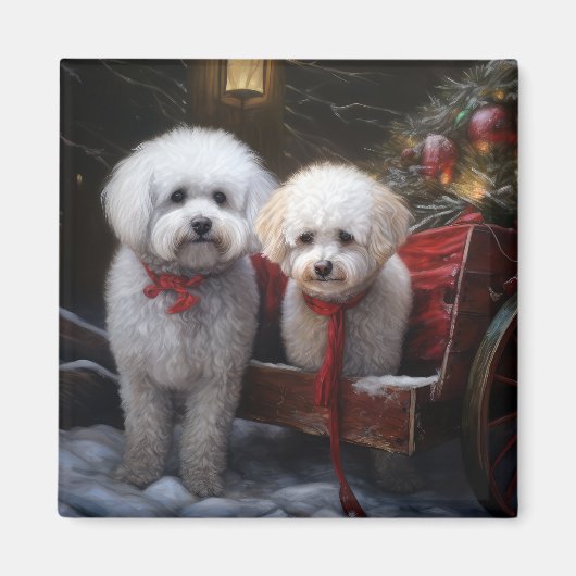 Bichon Frise Snowy Sleigh Kerst Decor Magneet (Voorkant)