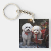 Bichon Frise Snowy Sleigh Kerst Decor Sleutelhanger (Voorkant)