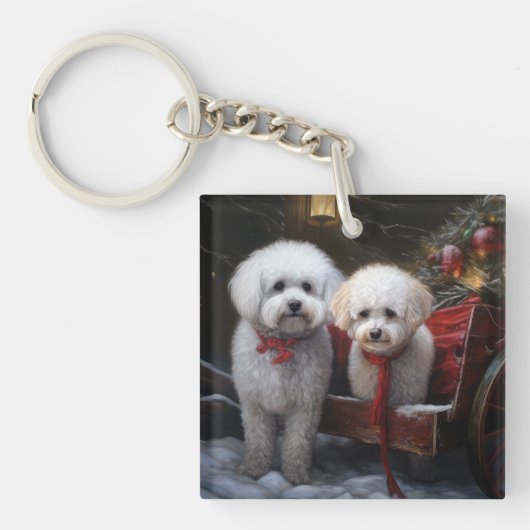 Bichon Frise Snowy Sleigh Kerst Decor Sleutelhanger (Voorkant)