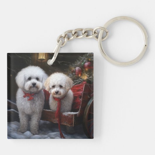 Bichon Frise Snowy Sleigh Kerst Decor Sleutelhanger (Achterkant)