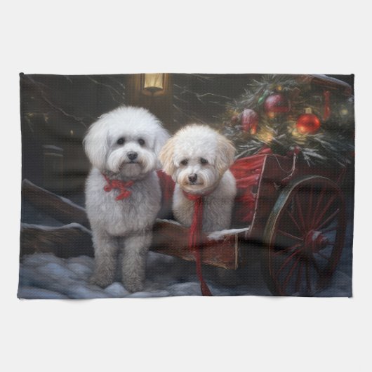 Bichon Frise Snowy Sleigh Kerst Decor Theedoek (Horizontaal)