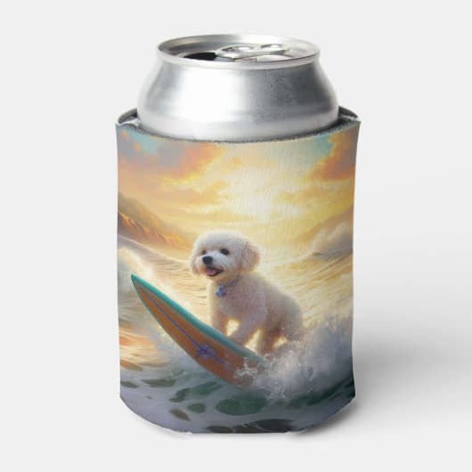 Bichon Frise Strand Surfen Schilderij Blikjeskoeler (Blikje Voorkant)