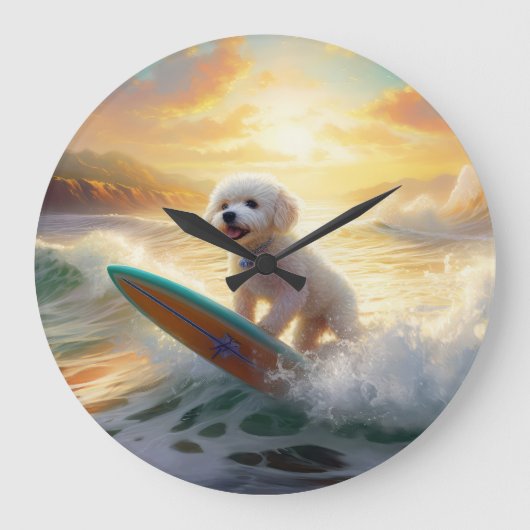 Bichon Frise Strand Surfen Schilderij Grote Klok (Voorkant)