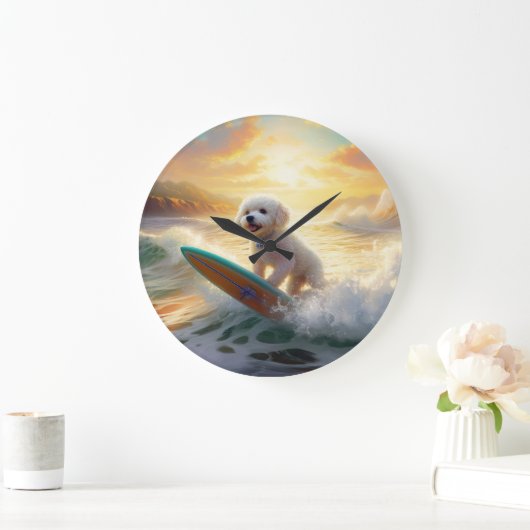 Bichon Frise Strand Surfen Schilderij Grote Klok (Huis)