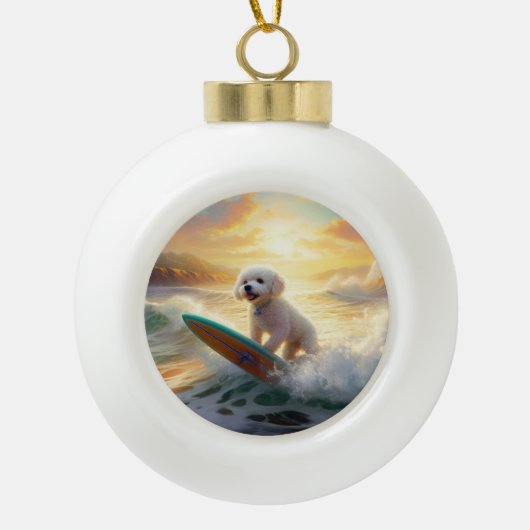 Bichon Frise Strand Surfen Schilderij Keramische Bal Ornament (Voorkant)