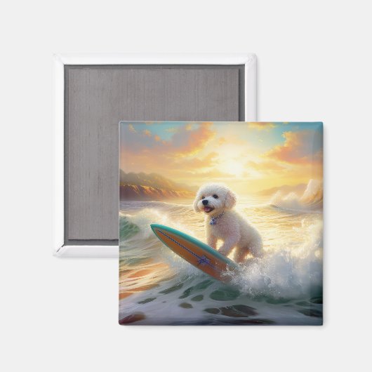 Bichon Frise Strand Surfen Schilderij Magneet (Voorkant / Achterkant)