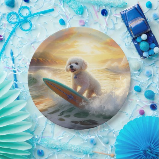 Bichon Frise Strand Surfen Schilderij Papieren Bordje (Feest)