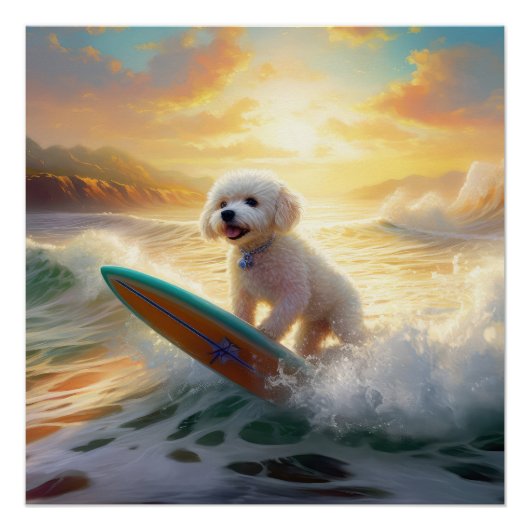 Bichon Frise Strand Surfen Schilderij Perfect Poster (Voorkant)