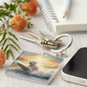 Bichon Frise strand surfen schilderij Sleutelhanger (Voorkant Rechts)
