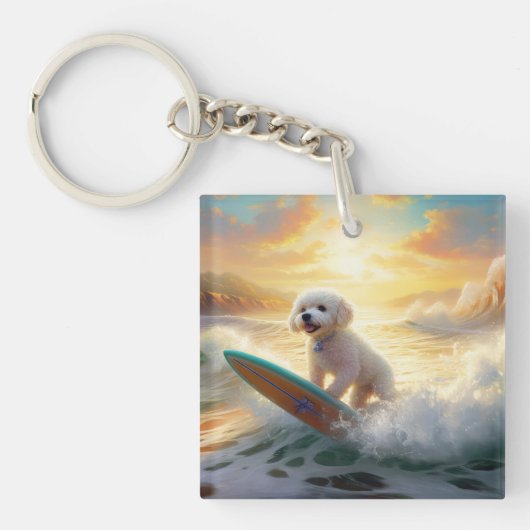 Bichon Frise strand surfen schilderij Sleutelhanger (Voorkant)