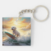 Bichon Frise strand surfen schilderij Sleutelhanger (Achterkant)