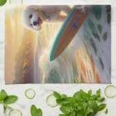 Bichon Frise Strand Surfen Schilderij Theedoek (Gevouwen)