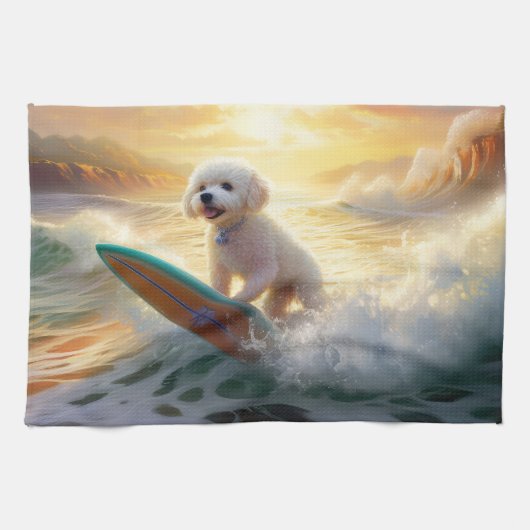 Bichon Frise Strand Surfen Schilderij Theedoek (Horizontaal)