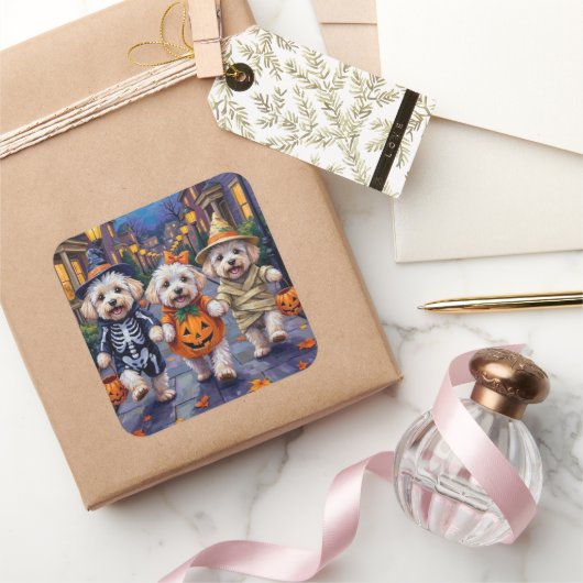 Bichon Frise Trick-or-Treating Halloween kostuums Vierkante Sticker (Geschenken)