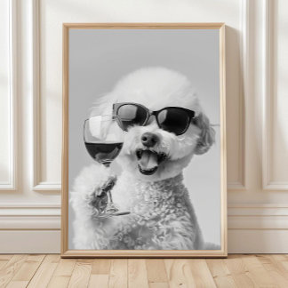 Bichon Frise wijn vasthoudend muurkunst, zwart en  Poster